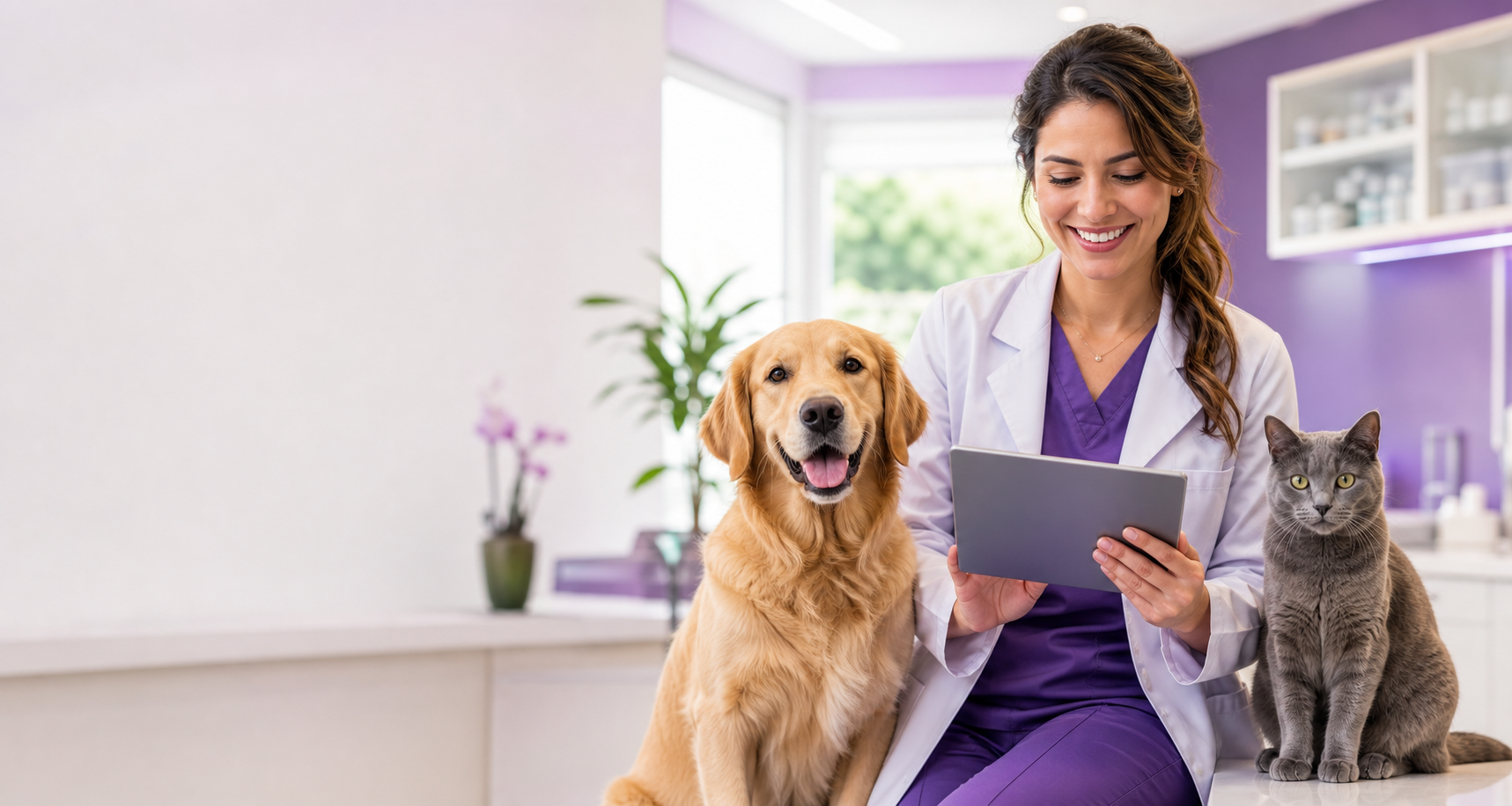 Veterinária acompanhando a saúde de um cão e um gato